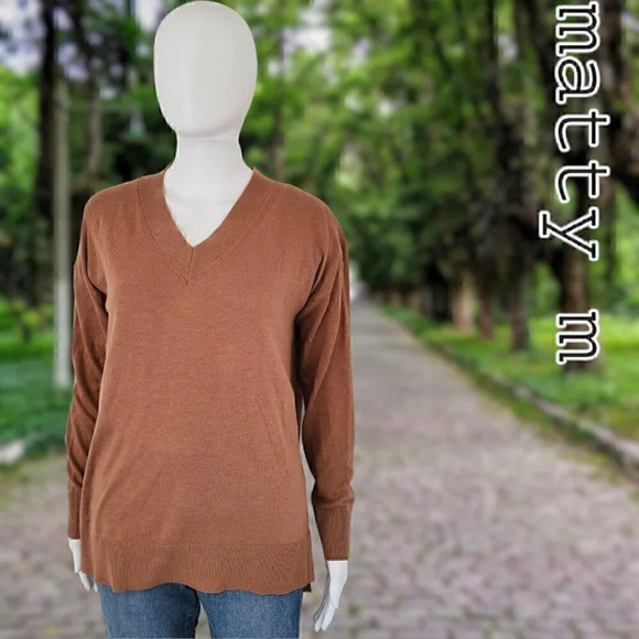 Matty M | V-Neck Sweater with Side Slits | Ribbed Hems | Camel | NWT - Picture 8 of 8